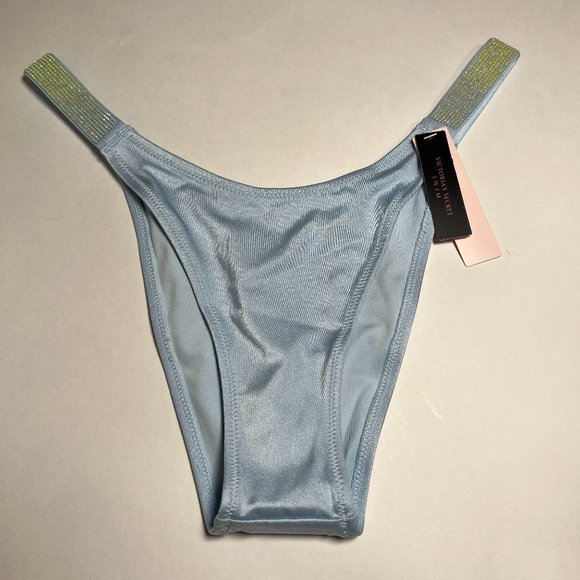 Victoria Secret Medium M Brazilian Bikini Bottom Shine Strap Pastel Purity Blue - Picture 1 of 6
